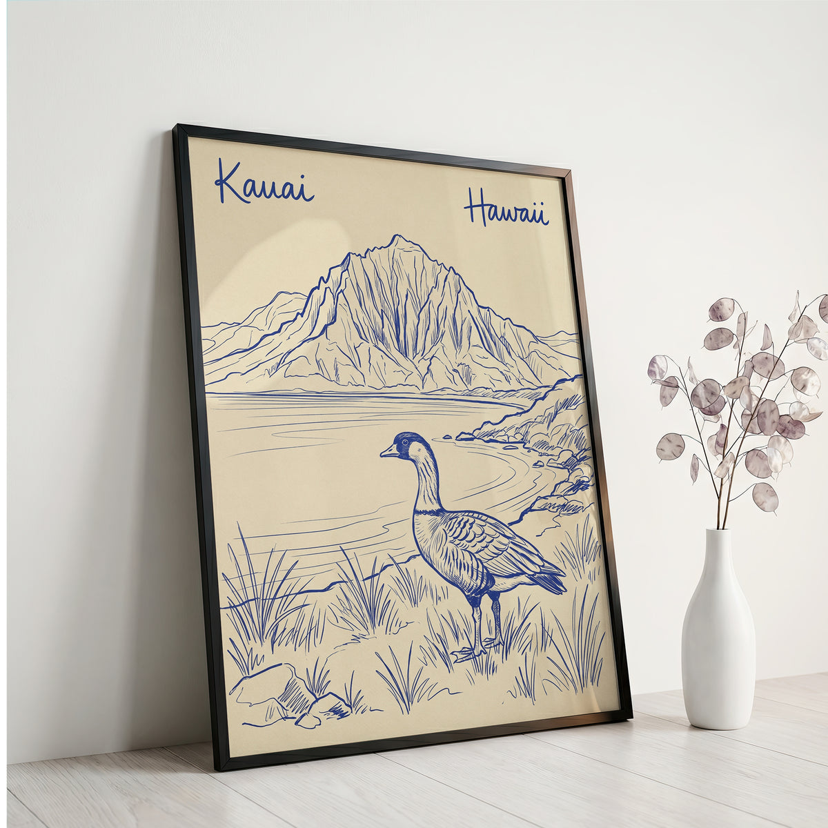 Vintage Kauai Hawaii Travel Poster - Nene Goose & Mountain Coastal Wall Art Print