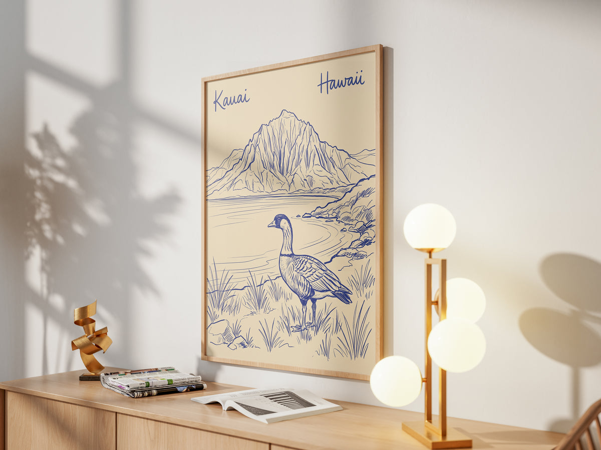 Vintage Kauai Hawaii Travel Poster - Nene Goose & Mountain Coastal Wall Art Print