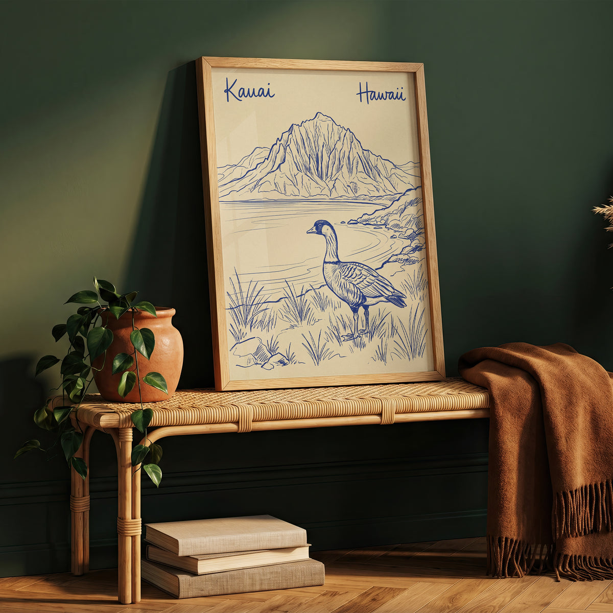 Vintage Kauai Hawaii Travel Poster - Nene Goose & Mountain Coastal Wall Art Print