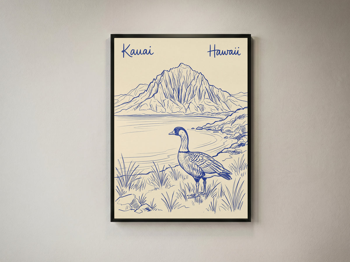 Vintage Kauai Hawaii Travel Poster - Nene Goose & Mountain Coastal Wall Art Print