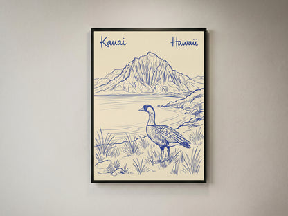 Vintage Kauai Hawaii Travel Poster - Nene Goose & Mountain Coastal Wall Art Print