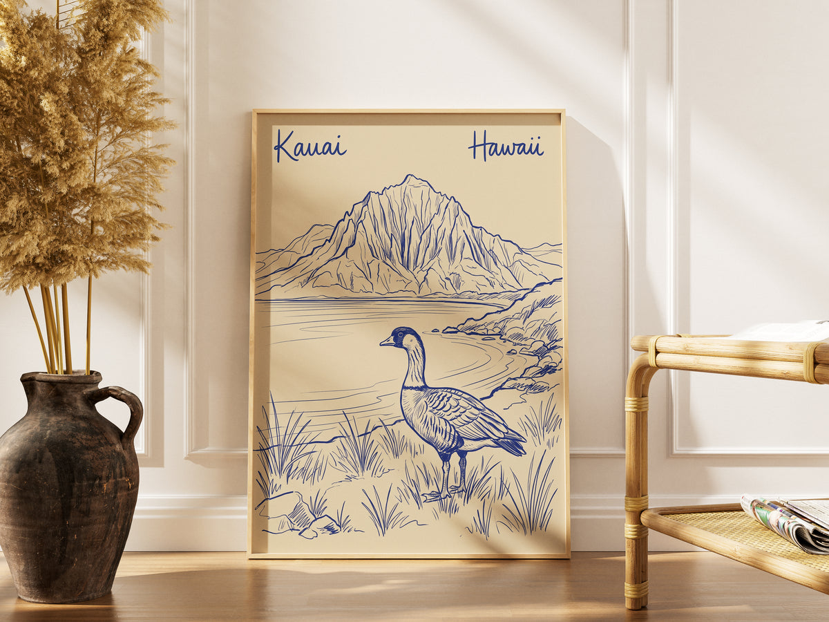 Vintage Kauai Hawaii Travel Poster - Nene Goose & Mountain Coastal Wall Art Print