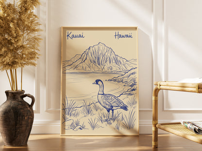Vintage Kauai Hawaii Travel Poster - Nene Goose & Mountain Coastal Wall Art Print