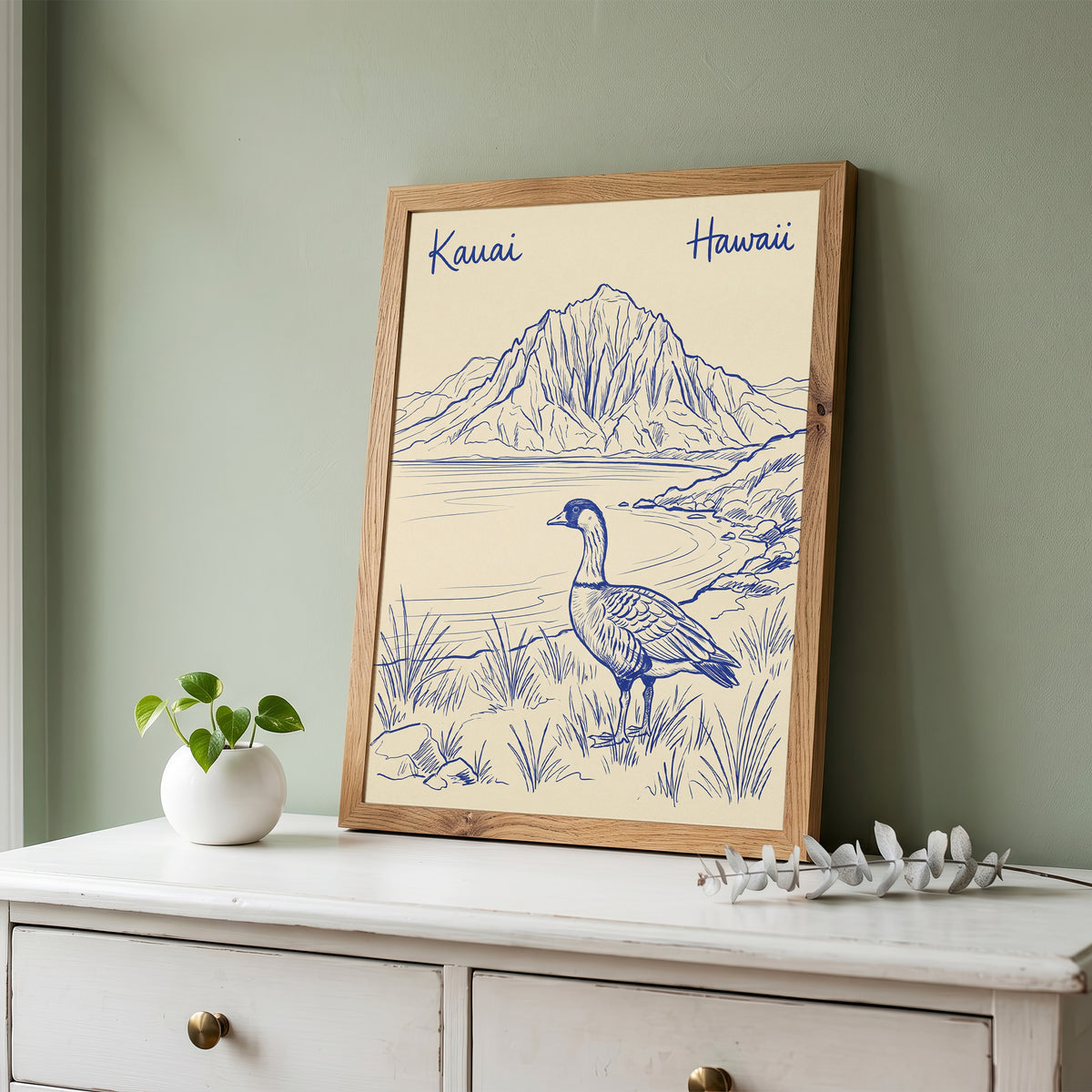 Vintage Kauai Hawaii Travel Poster - Nene Goose & Mountain Coastal Wall Art Print
