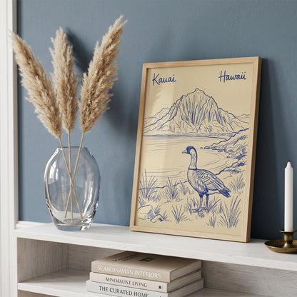 Vintage Kauai Hawaii Travel Poster - Nene Goose & Mountain Coastal Wall Art Print