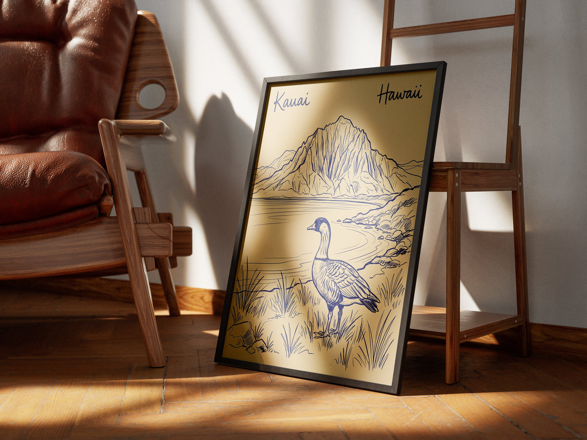 Vintage Kauai Hawaii Travel Poster - Nene Goose & Mountain Coastal Wall Art Print
