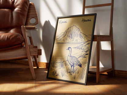 Vintage Kauai Hawaii Travel Poster - Nene Goose & Mountain Coastal Wall Art Print