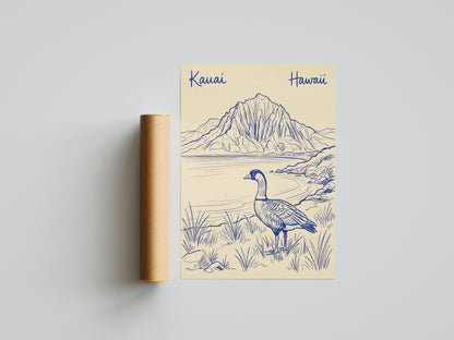 Vintage Kauai Hawaii Travel Poster - Nene Goose & Mountain Coastal Wall Art Print