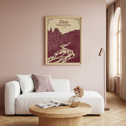 Vintage Zion National Park Poster - Utah Canyon & Virgin River Wall Art Print