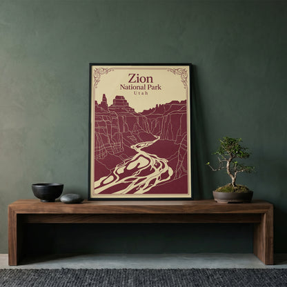 Vintage Zion National Park Poster - Utah Canyon & Virgin River Wall Art Print