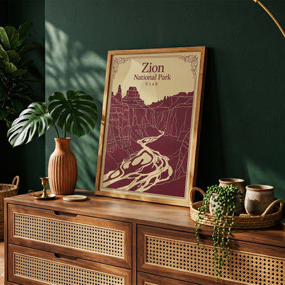 Vintage Zion National Park Poster - Utah Canyon & Virgin River Wall Art Print