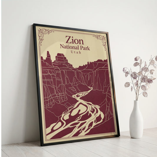 Vintage Zion National Park Poster - Utah Canyon & Virgin River Wall Art Print