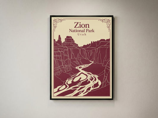Vintage Zion National Park Poster - Utah Canyon & Virgin River Wall Art Print
