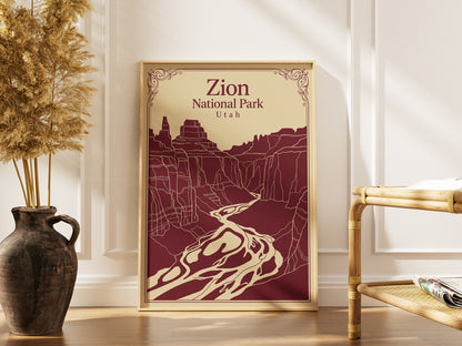 Vintage Zion National Park Poster - Utah Canyon & Virgin River Wall Art Print