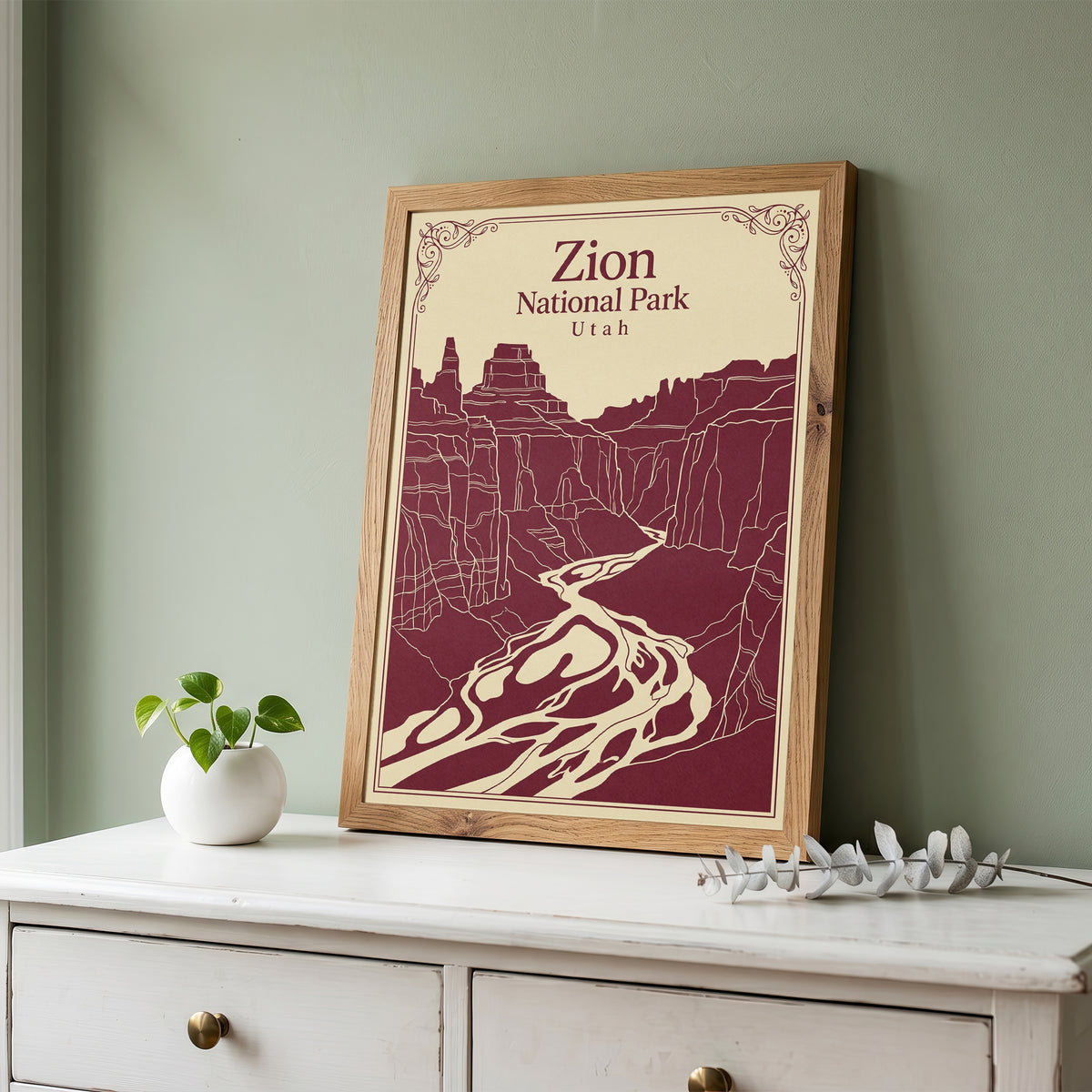 Vintage Zion National Park Poster - Utah Canyon & Virgin River Wall Art Print