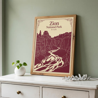 Vintage Zion National Park Poster - Utah Canyon & Virgin River Wall Art Print