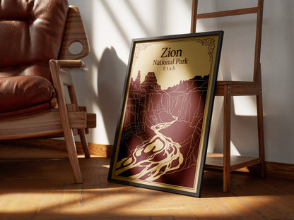 Vintage Zion National Park Poster - Utah Canyon & Virgin River Wall Art Print