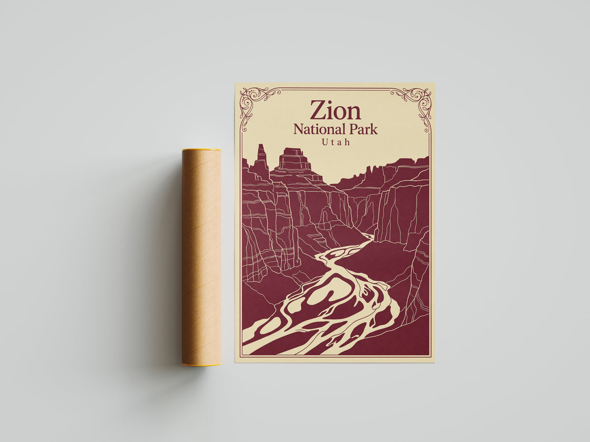 Vintage Zion National Park Poster - Utah Canyon & Virgin River Wall Art Print