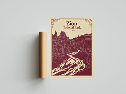 Vintage Zion National Park Poster - Utah Canyon & Virgin River Wall Art Print