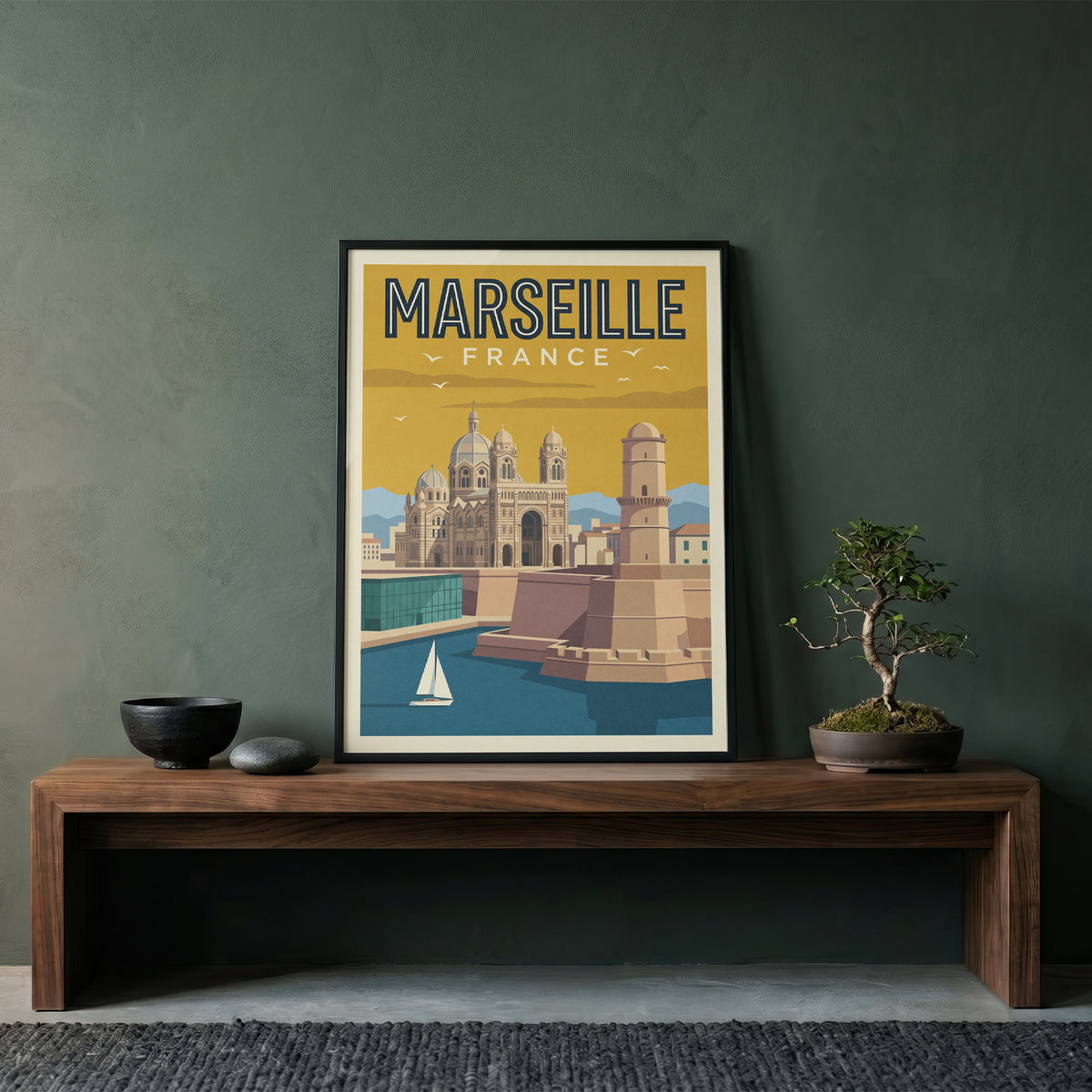 Marseille France Retro Travel Poster Coastal French Wall Art Print