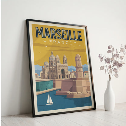 Marseille France Retro Travel Poster Coastal French Wall Art Print