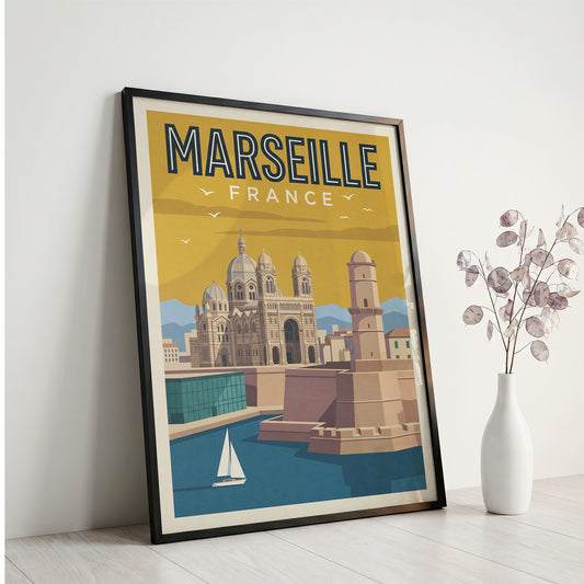 Marseille France Retro Travel Poster Coastal French Wall Art Print