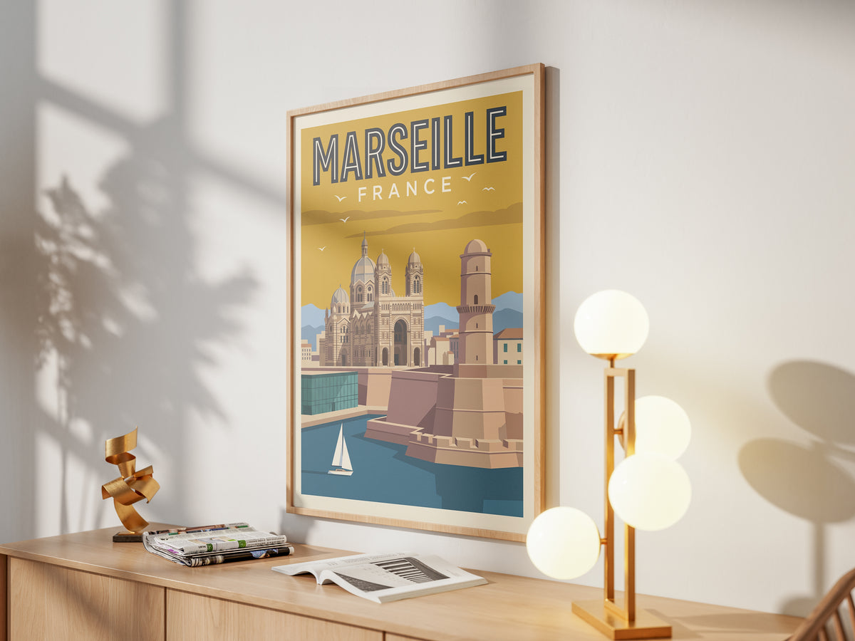 Marseille France Retro Travel Poster Coastal French Wall Art Print