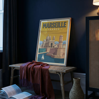 Marseille France Retro Travel Poster Coastal French Wall Art Print