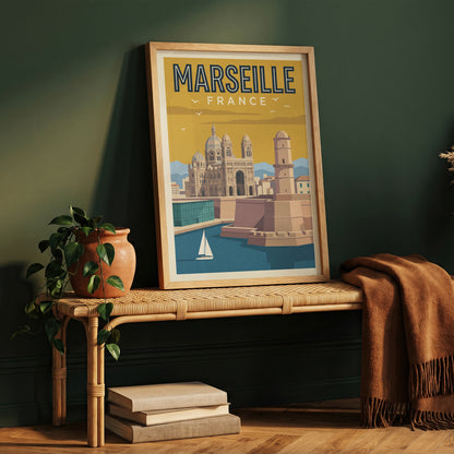 Marseille France Retro Travel Poster Coastal French Wall Art Print