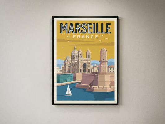 Marseille France Retro Travel Poster Coastal French Wall Art Print