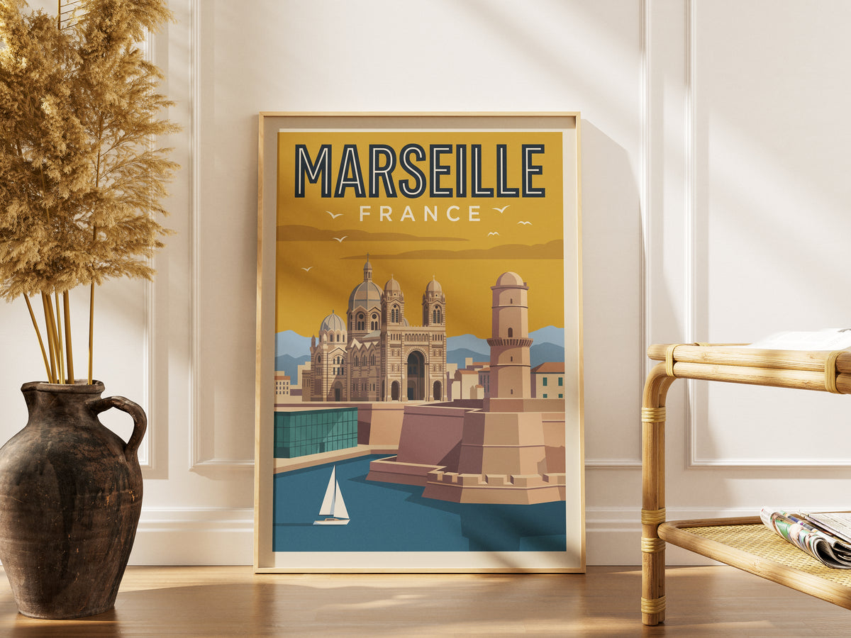 Marseille France Retro Travel Poster Coastal French Wall Art Print