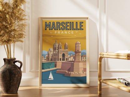 Marseille France Retro Travel Poster Coastal French Wall Art Print