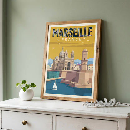 Marseille France Retro Travel Poster Coastal French Wall Art Print