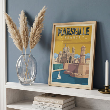Marseille France Retro Travel Poster Coastal French Wall Art Print