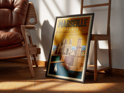 Marseille France Retro Travel Poster Coastal French Wall Art Print