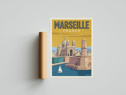Marseille France Retro Travel Poster Coastal French Wall Art Print