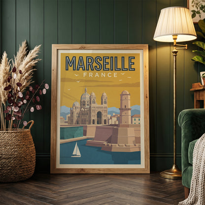 Marseille France Retro Travel Poster Coastal French Wall Art Print