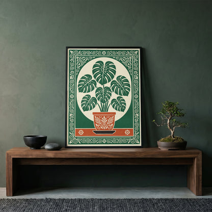 Monstera Plant Botanical Linocut Vintage Illustration Wall Art Print