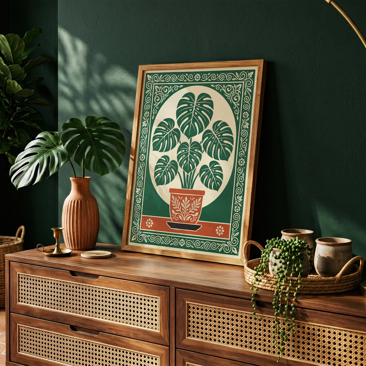 Monstera Plant Botanical Linocut Vintage Illustration Wall Art Print