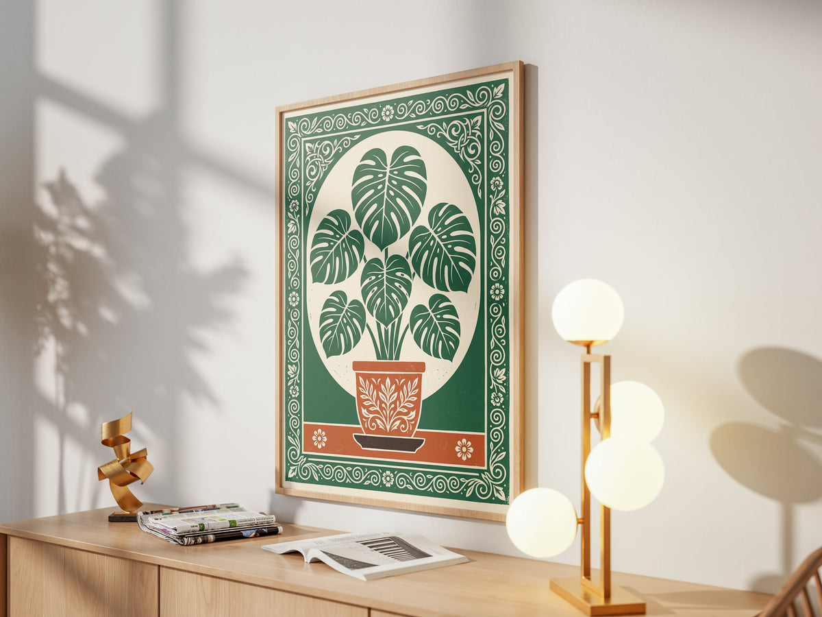 Monstera Plant Botanical Linocut Vintage Illustration Wall Art Print