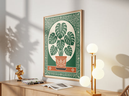 Monstera Plant Botanical Linocut Vintage Illustration Wall Art Print