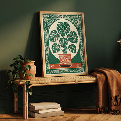 Monstera Plant Botanical Linocut Vintage Illustration Wall Art Print