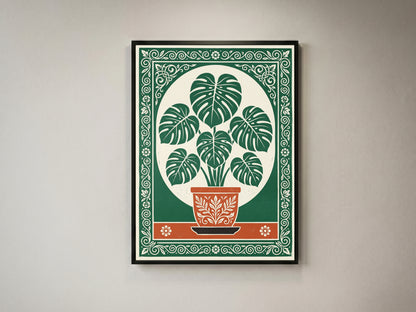 Monstera Plant Botanical Linocut Vintage Illustration Wall Art Print