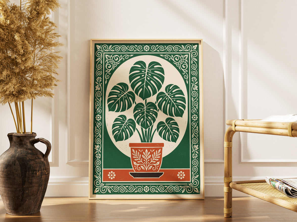 Monstera Plant Botanical Linocut Vintage Illustration Wall Art Print