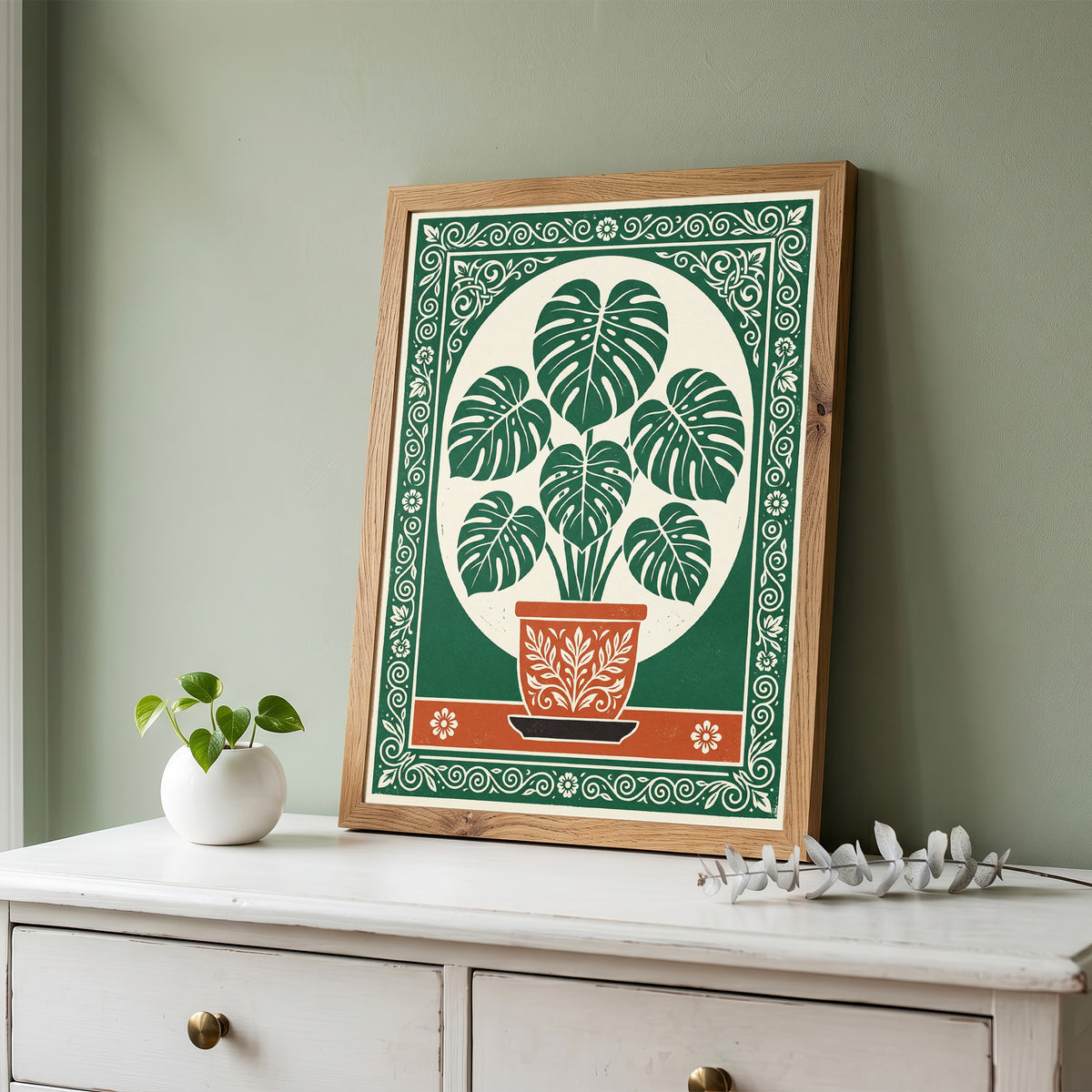 Monstera Plant Botanical Linocut Vintage Illustration Wall Art Print