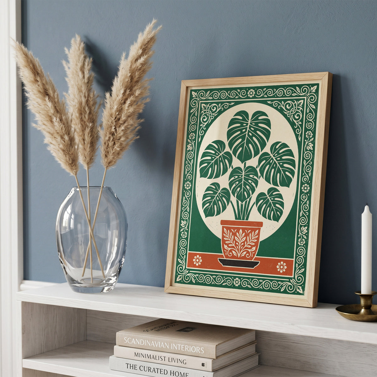Monstera Plant Botanical Linocut Vintage Illustration Wall Art Print