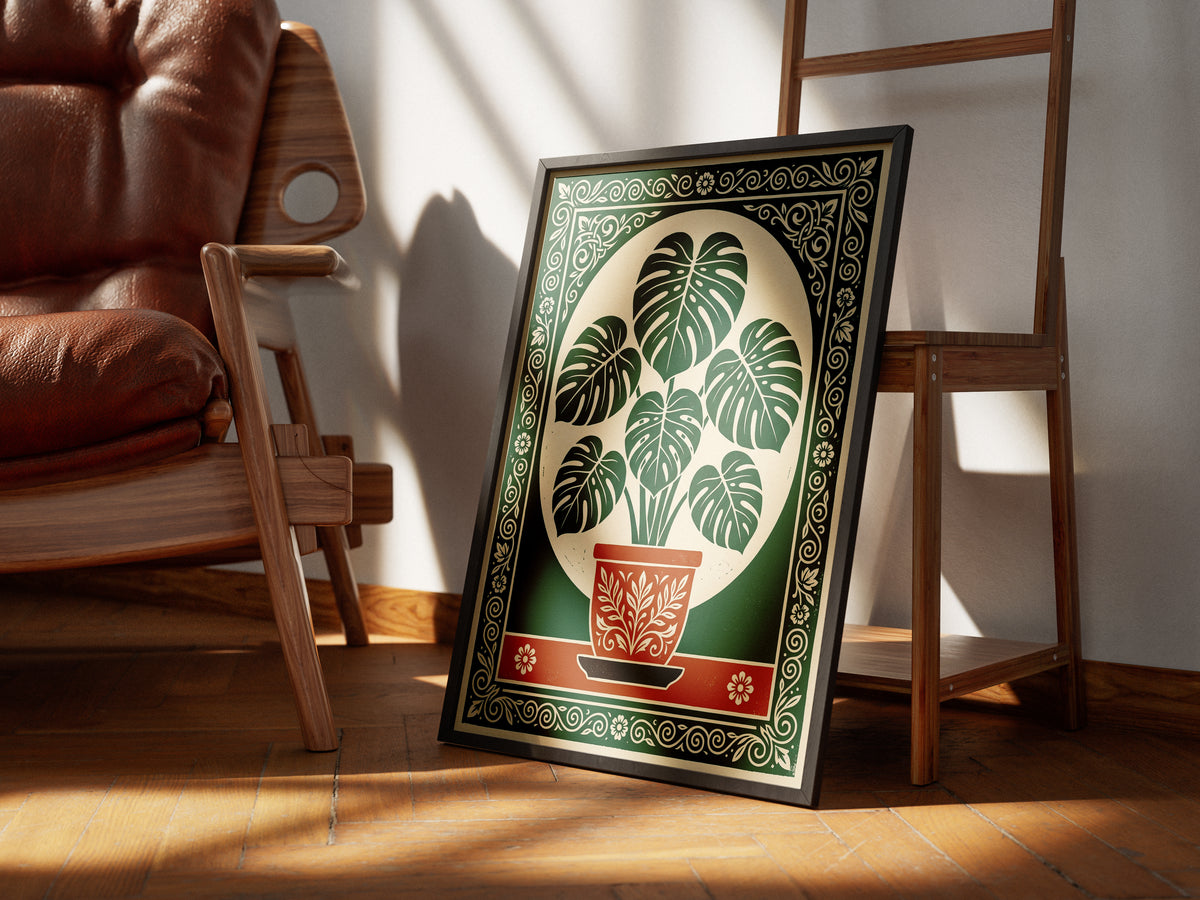Monstera Plant Botanical Linocut Vintage Illustration Wall Art Print