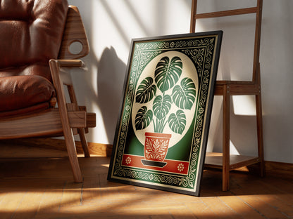 Monstera Plant Botanical Linocut Vintage Illustration Wall Art Print