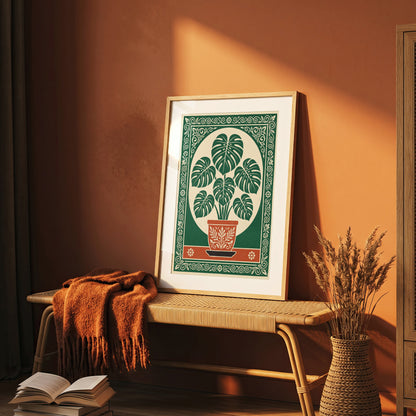 Monstera Plant Botanical Linocut Vintage Illustration Wall Art Print