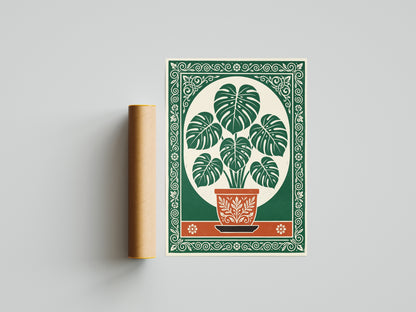 Monstera Plant Botanical Linocut Vintage Illustration Wall Art Print